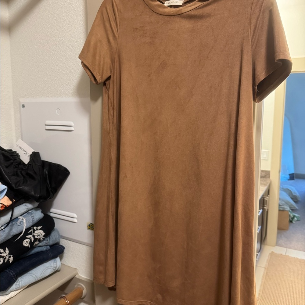 Casual Tan A-line Mini Dress with Crew Neck